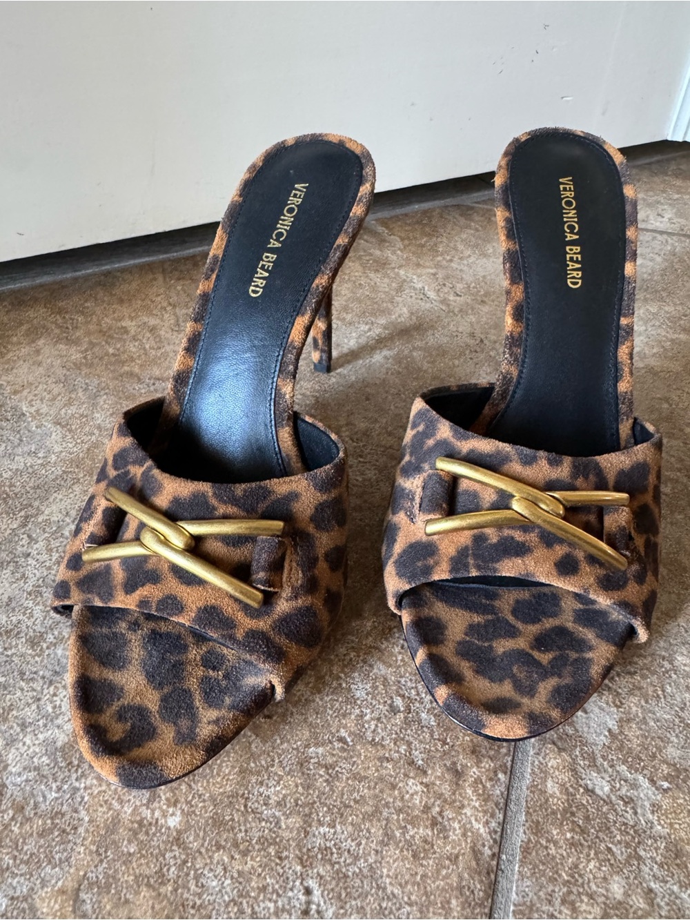 Veronica Beard Leopard-Print Suede Mule Heels with Gold Buckle - Picture 3 of 5
